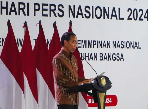Presiden RI, Joko Widodo saat sampaikan sambutan di peringatan HPN 2024, Selasa (20/2/2024) kemaren di Jakarta.